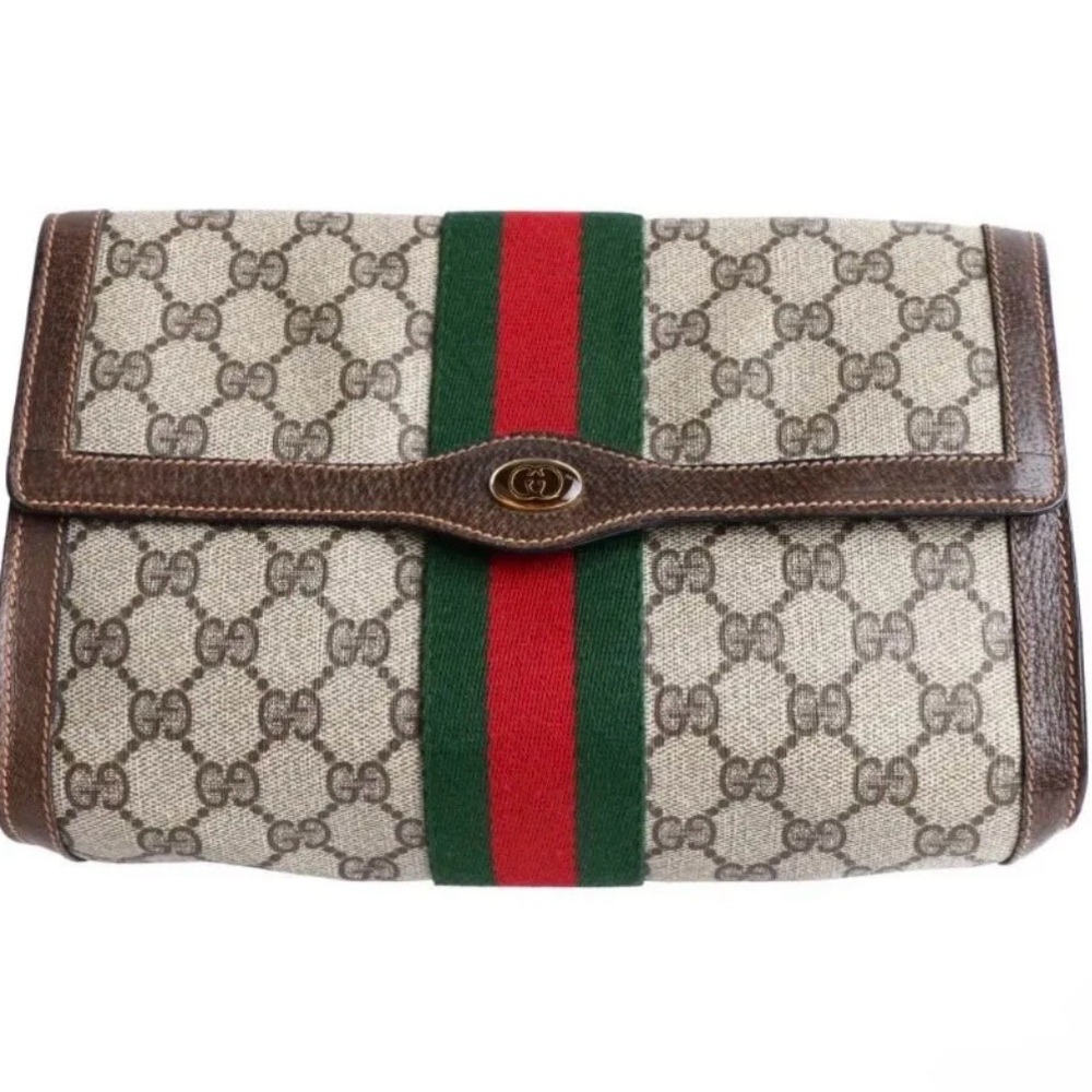 Gucci Beige Ophidia GG Canvas Clutch with Red & Green Web Stripe